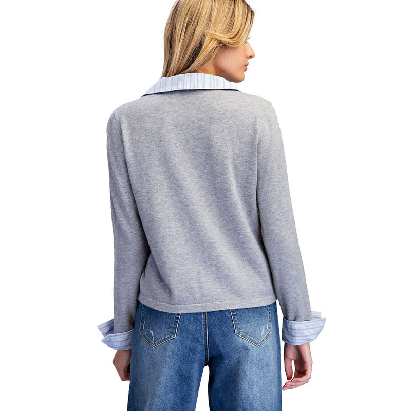 Ee Some Women's Heather Grey Striped Preppy Layered Cardigan