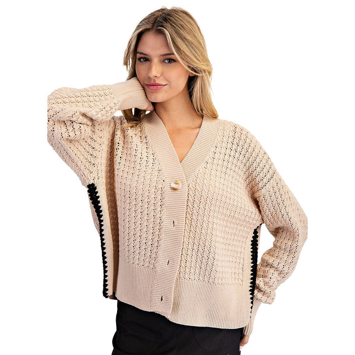 Ee Some Women's Sand Zig Zag Crochet Trim Cardigan