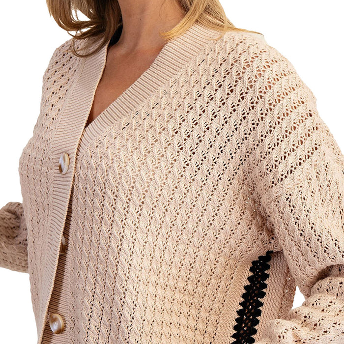 Ee Some Women's Sand Zig Zag Crochet Trim Cardigan
