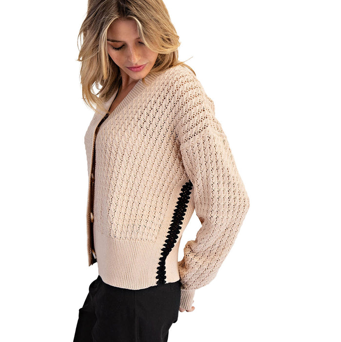 Ee Some Women's Sand Zig Zag Crochet Trim Cardigan