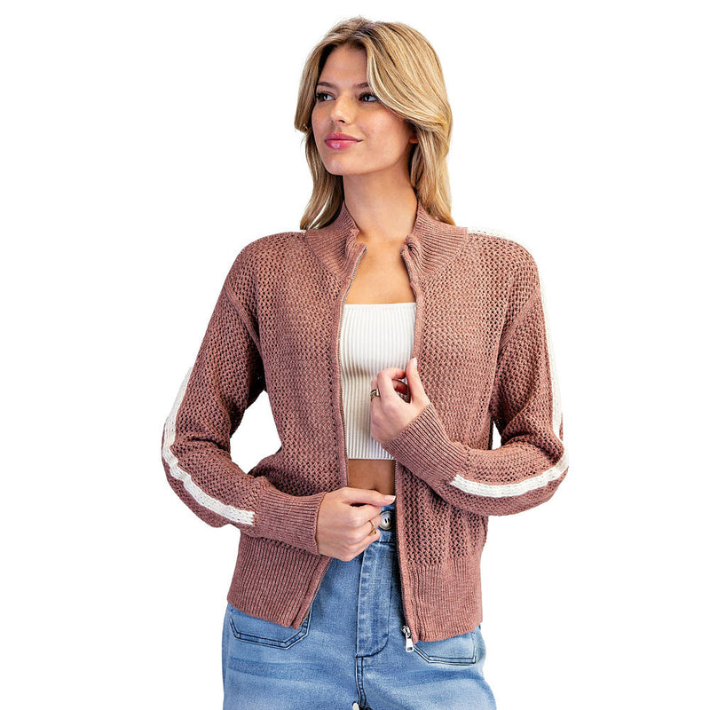 Ee Some Women's Copper Brown Side Stripe Knit Jacket