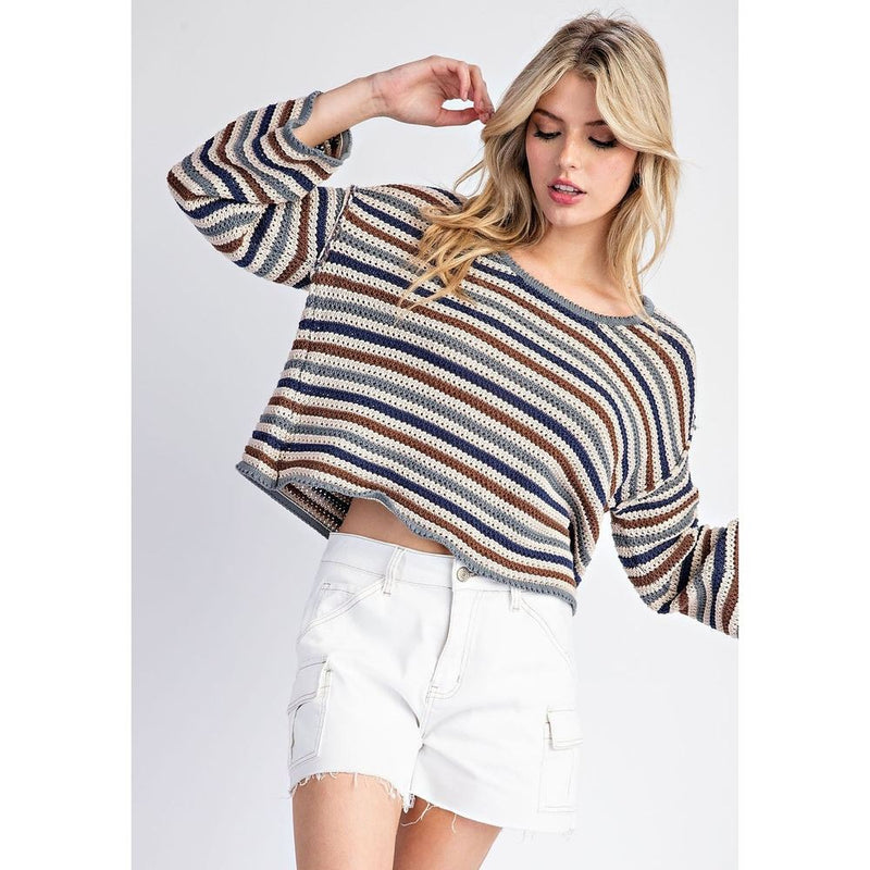 Ee Some Women's Blueberry Multi Striped Crochet Sweater