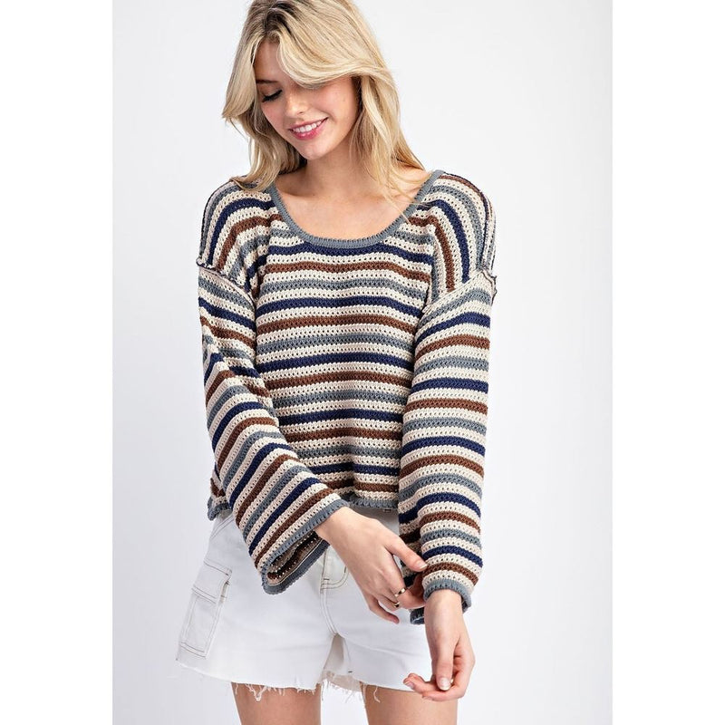 Ee Some Women's Blueberry Multi Striped Crochet Sweater
