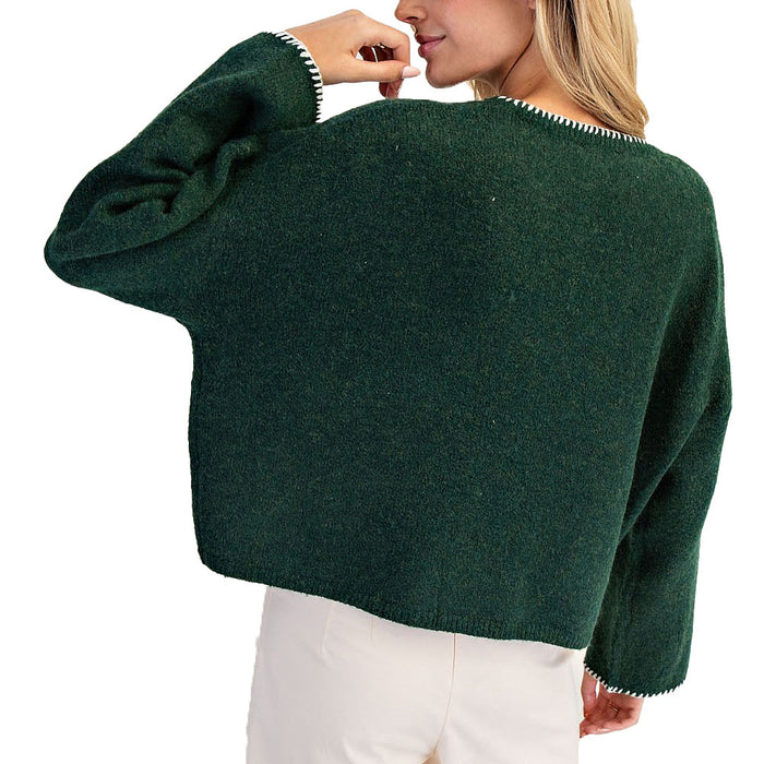 Ee Some Women's Hunter Grn Whipstitch Long Sleeve Sweater