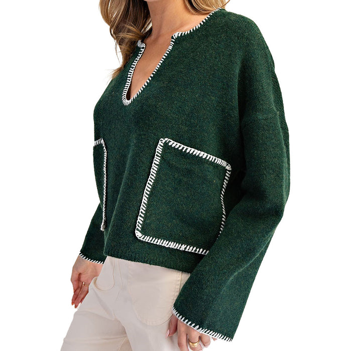 Ee Some Women's Hunter Grn Whipstitch Long Sleeve Sweater