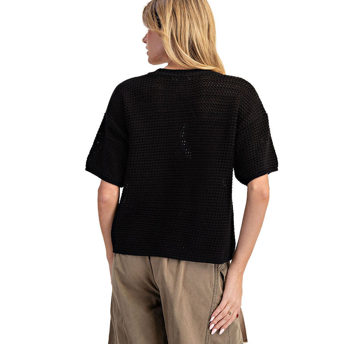 Ee Some Women's Black Waffle Knit Boxy Short Sleeve Sweater