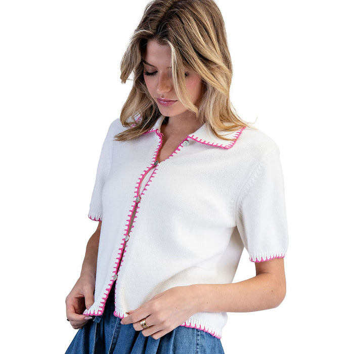 Ee Some Women's Off White Whipstitch Knit Top