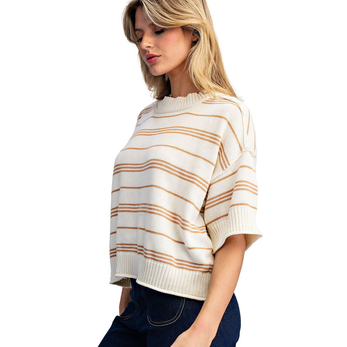 Ee Some Women's Honey Oat Ribbed Short Sleeve Sweater Top