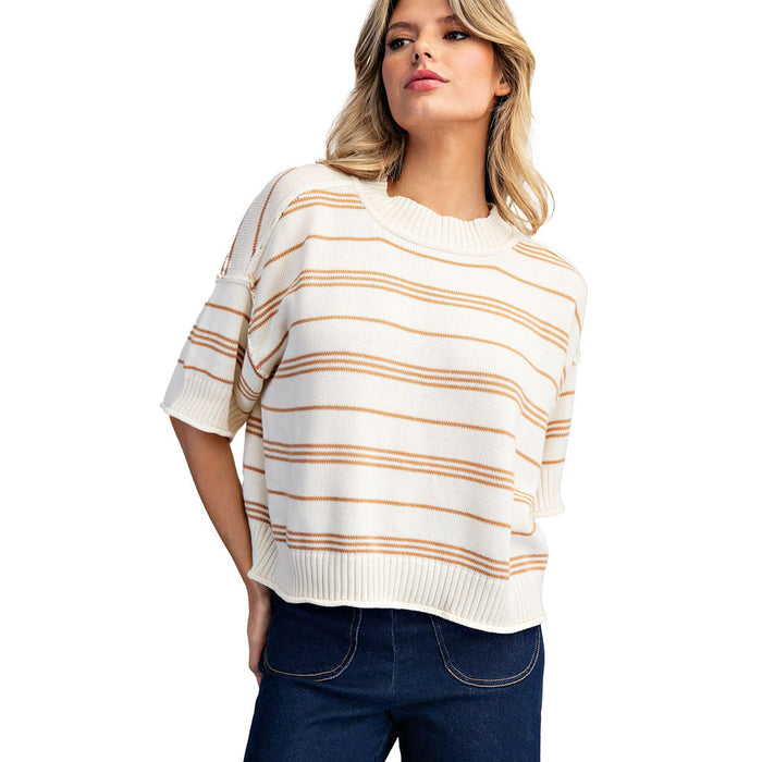 Ee Some Women's Honey Oat Ribbed Short Sleeve Sweater Top