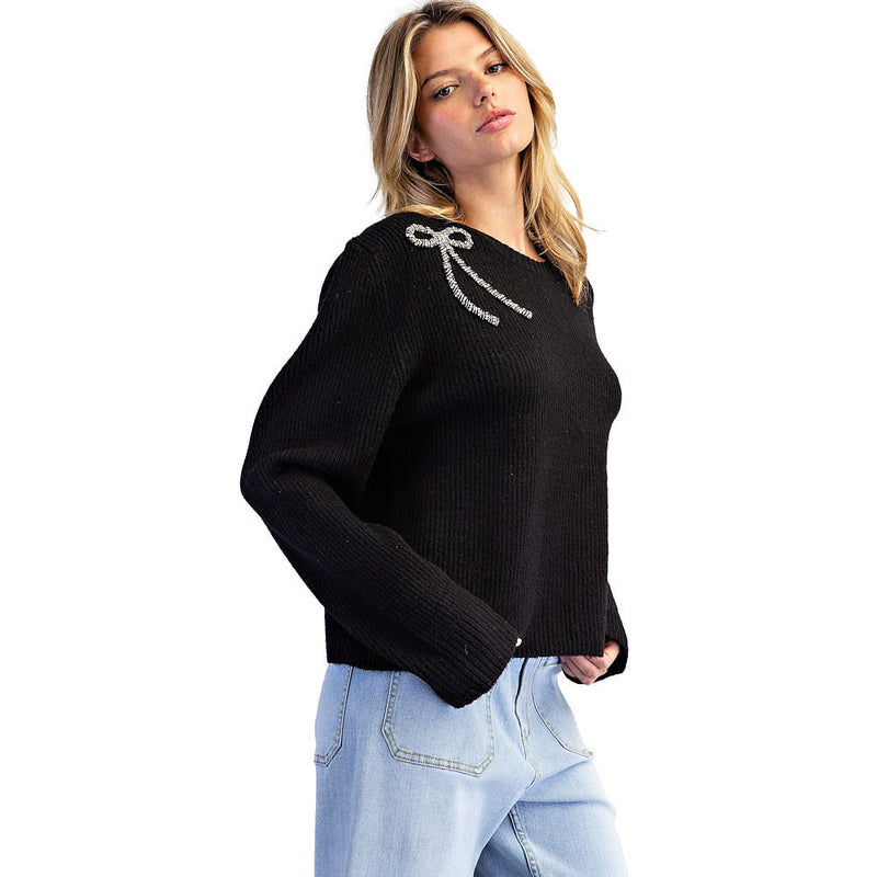 Ee Some Women's Black Rhinestone Bow Sweater