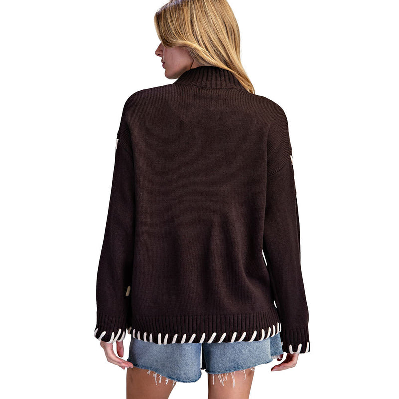 Ee Some Women's Espresso Whipstitch Mock Neck Sweater