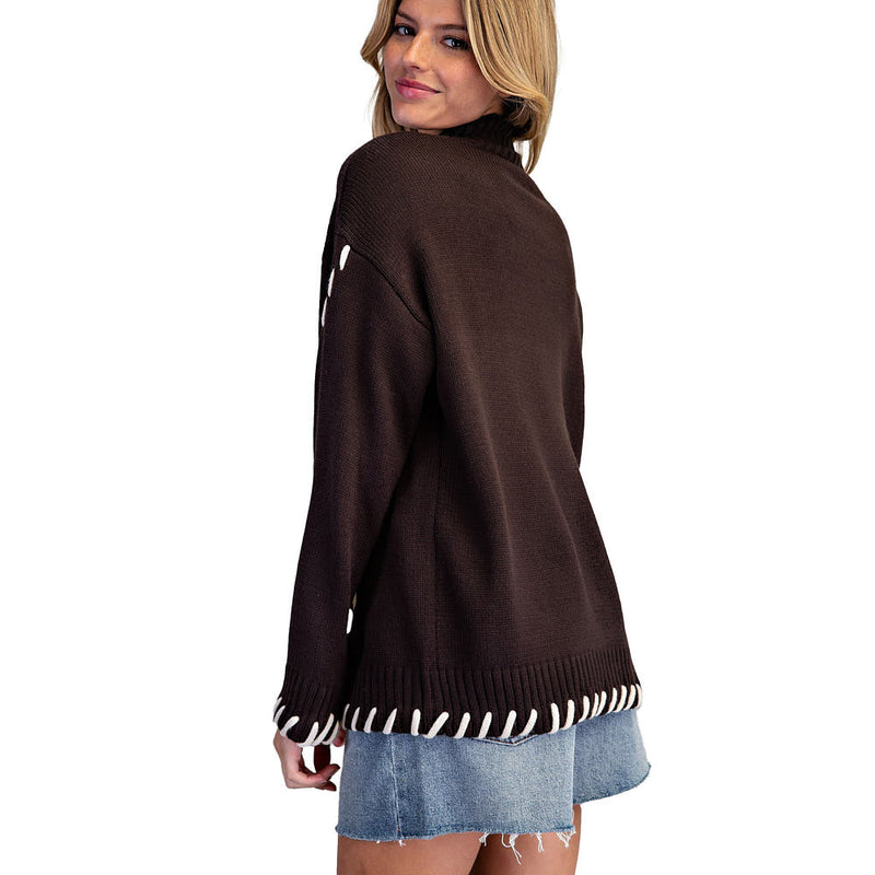 Ee Some Women's Espresso Whipstitch Mock Neck Sweater
