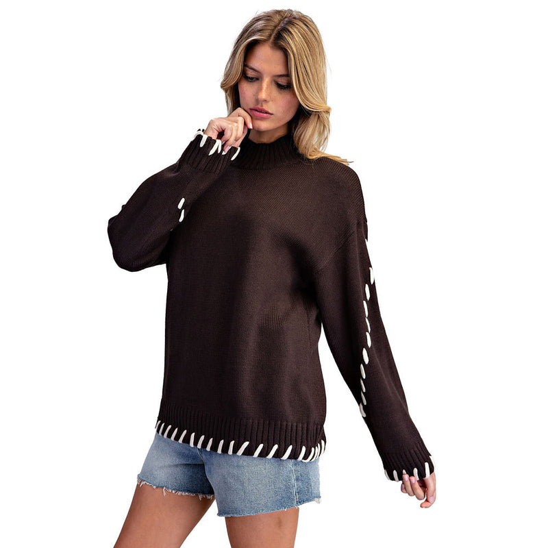 Ee Some Women's Espresso Whipstitch Mock Neck Sweater