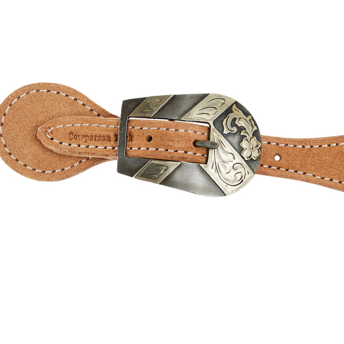 Cowperson Tack Roughout Spur Straps with Silver Floral Buckle