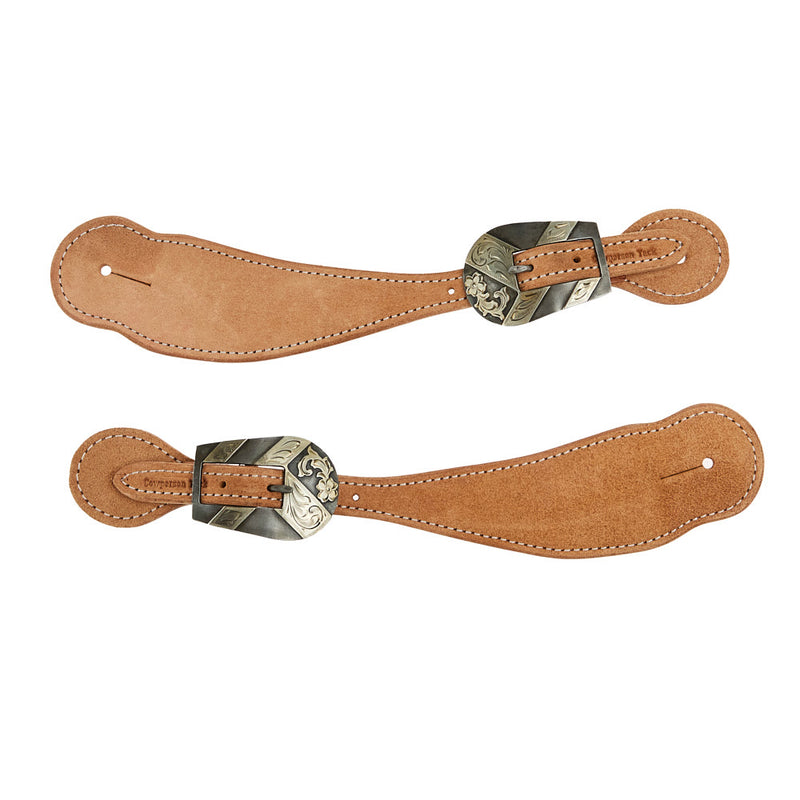Cowperson Tack Roughout Spur Straps with Silver Floral Buckle