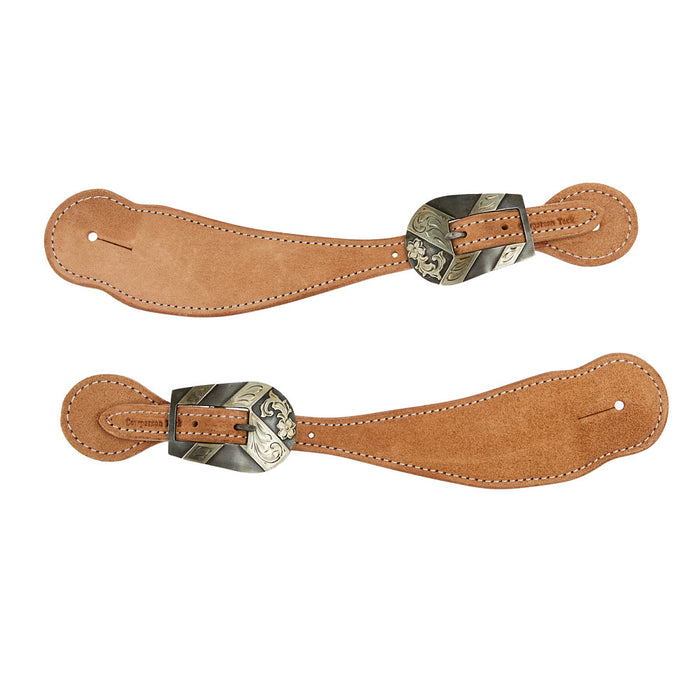 Cowperson Tack Roughout Spur Straps with Silver Floral Buckle