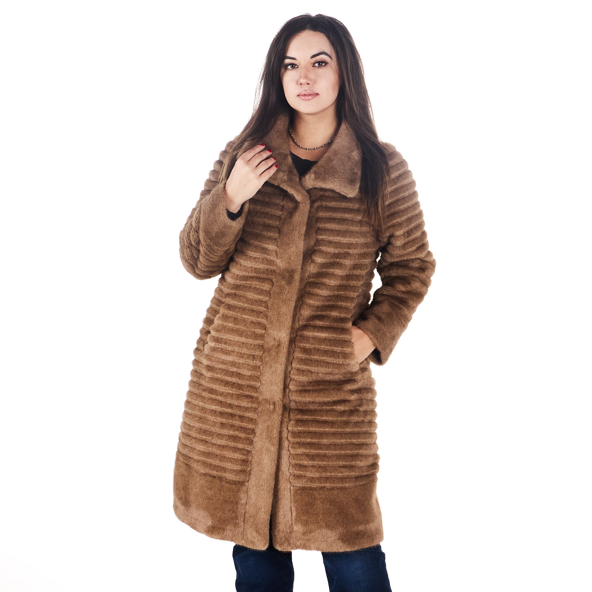 Andy Mikes Womens Brown Soho Faux Fur Fashion Coat