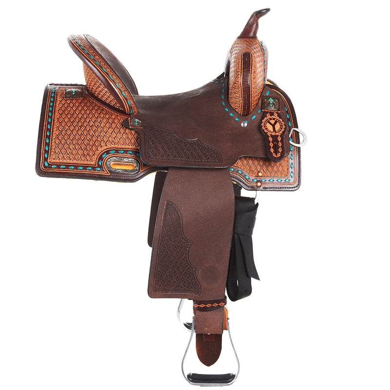Circle Y Saddlery Montana 14 Inch Vintage Chocolate Barrel Saddle with Turquoise Buckstitch