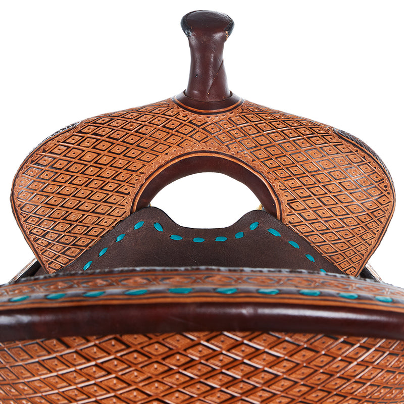 Circle Y Saddlery Montana 14 Inch Vintage Chocolate Barrel Saddle with Turquoise Buckstitch