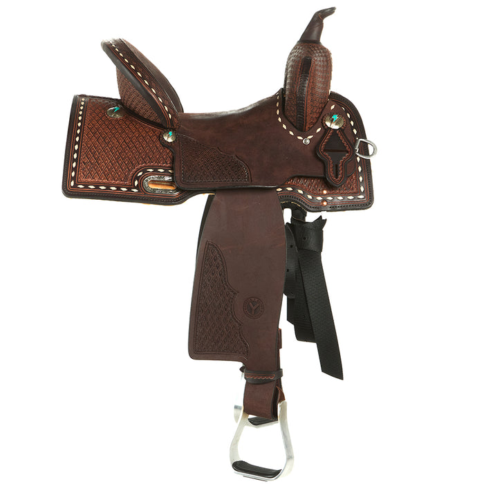 Circle Y Saddlery Montana 14in. White Buckstitch Wide Tree Barrel Saddle