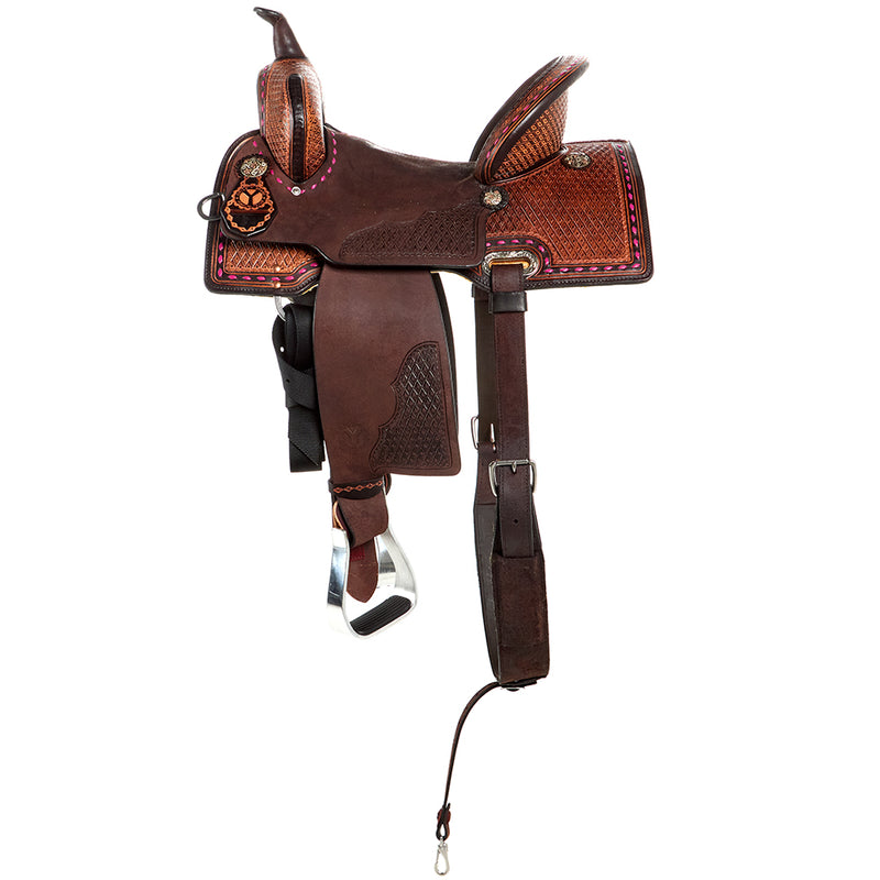 Circle Y Saddlery Montana 14 Inch Vintage Chocolate Barrel Saddle with Hot Pink Buckstitch