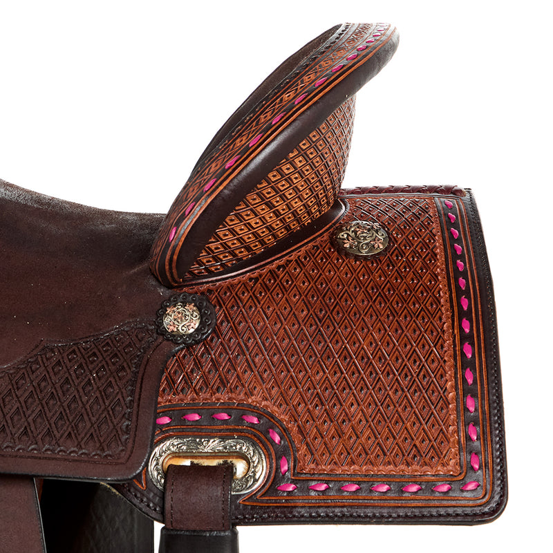 Circle Y Saddlery Montana 14 Inch Vintage Chocolate Barrel Saddle with Hot Pink Buckstitch