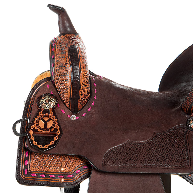 Circle Y Saddlery Montana 14 Inch Vintage Chocolate Barrel Saddle with Hot Pink Buckstitch
