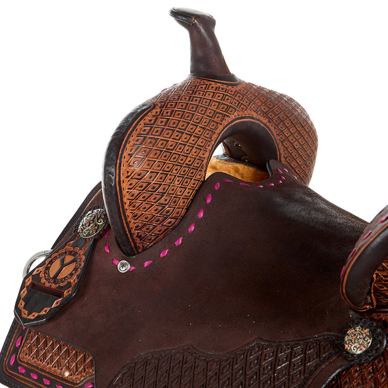 Circle Y Saddlery Montana 14 Inch Vintage Chocolate Barrel Saddle with Hot Pink Buckstitch