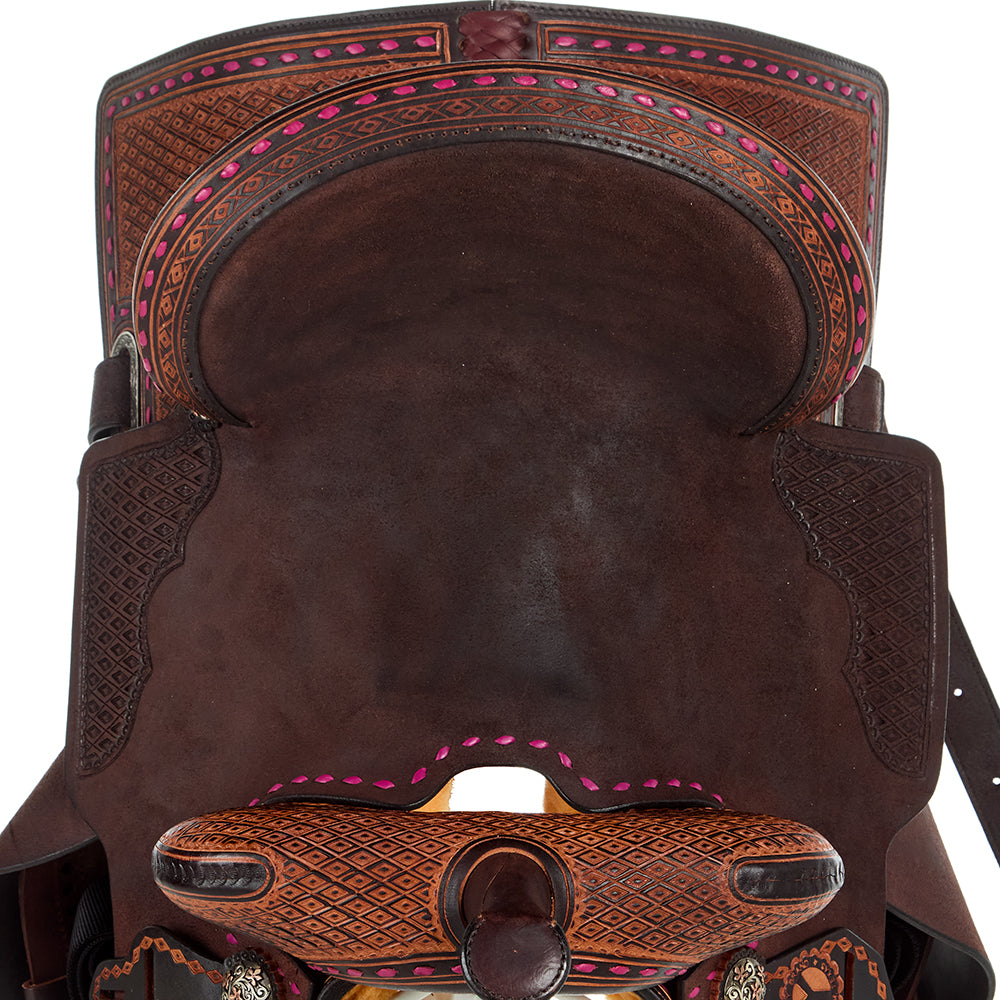 Selle Double T Barrel Racing – Jeune – Taille 14 Pouces – Cuir Marron – Rose