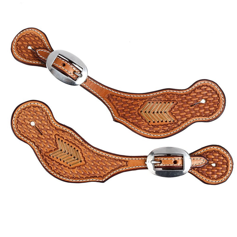 NRS Basket Stamped Spur Straps with Rawhide Inlay