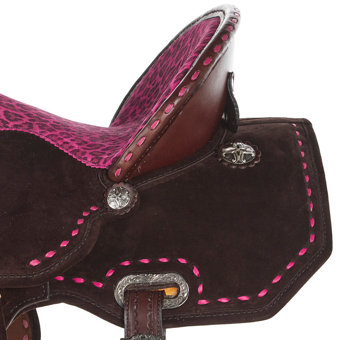 Circle Y Saddlery Lightweight Lightspeed Hot Pink Cheetah Buckstitch 13 Inch Barrel Saddle