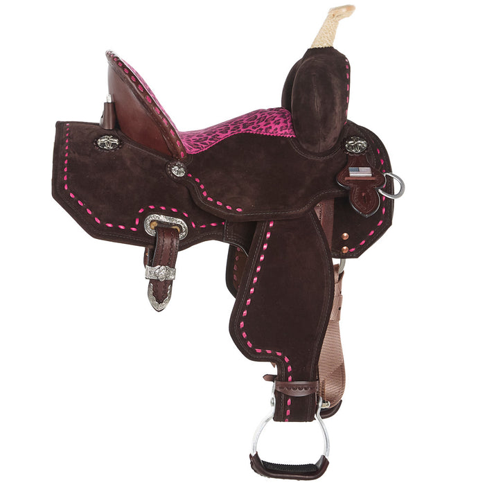 Circle Y Saddlery Lightweight Lightspeed Hot Pink Cheetah Buckstitch 13 Inch Barrel Saddle