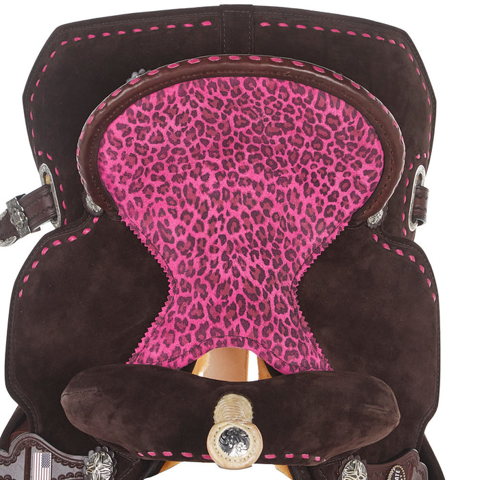 Circle Y Saddlery Lightweight Lightspeed Hot Pink Cheetah Buckstitch 13 Inch Barrel Saddle