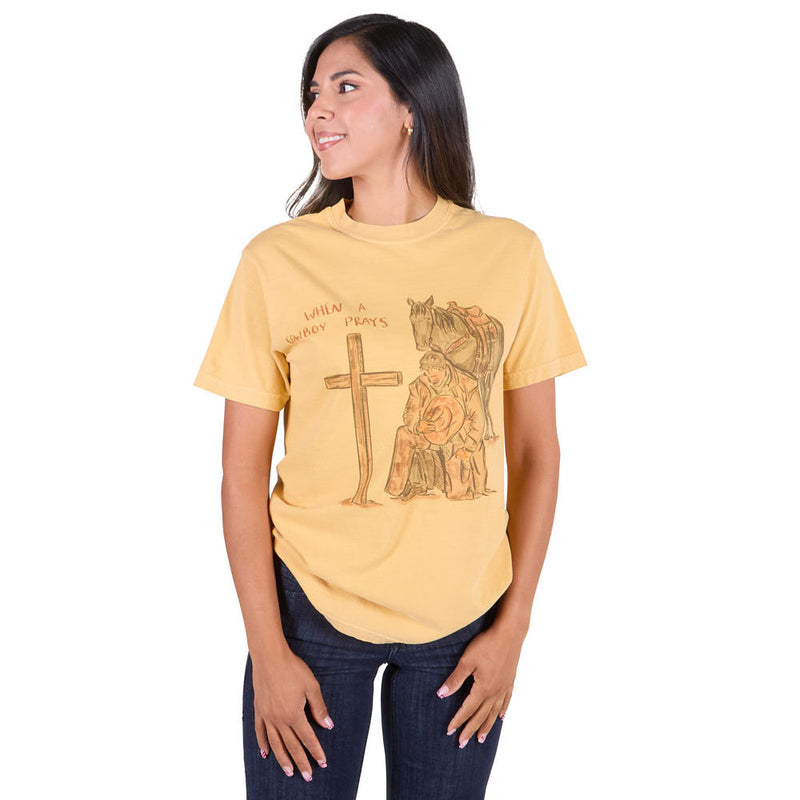 Summer Tees Women's Mustard When A Cowboy Prays Tee Shirt