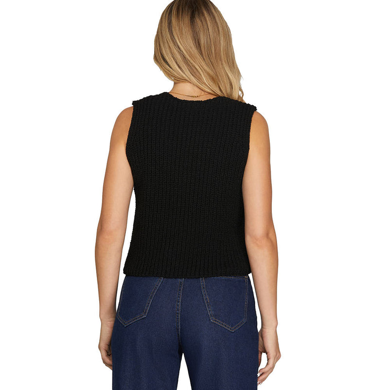 She & Sky Women's Black Shell Button Sweater Vest