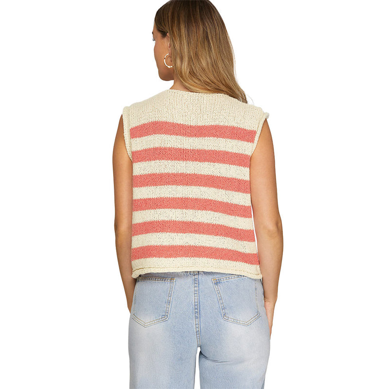 She & Sky Women's Coral Striped Sleeveless Sweater Vest