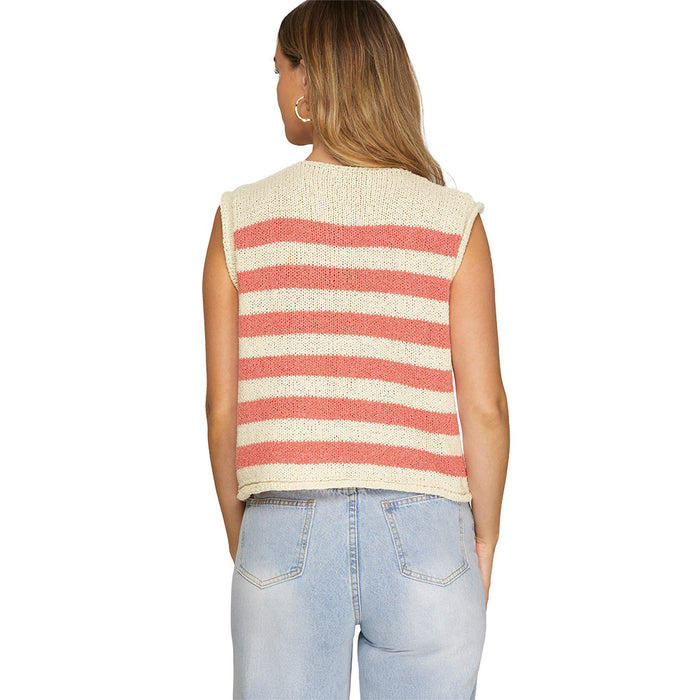 She & Sky Women's Coral Striped Sleeveless Sweater Vest