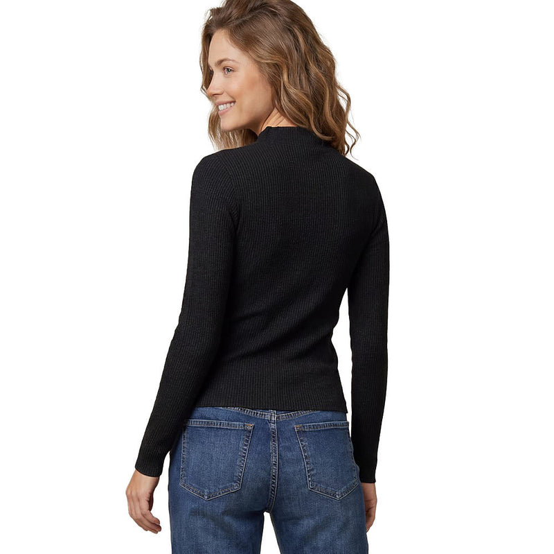 She & Sky Women's Black Mock Neck Metallic Ribbed Top