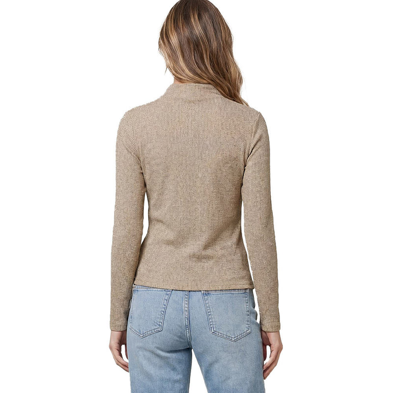 She & Sky Women's Mocha Mock Neck Metallic Ribbed Top