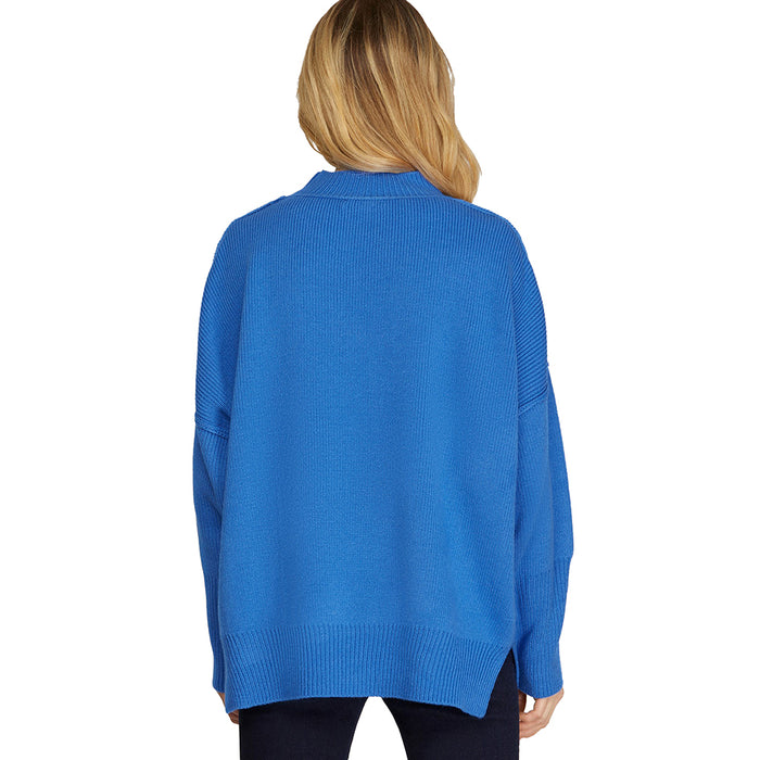 She & Sky Women's Diva Blue Drop Shoulder Oversized Sweater