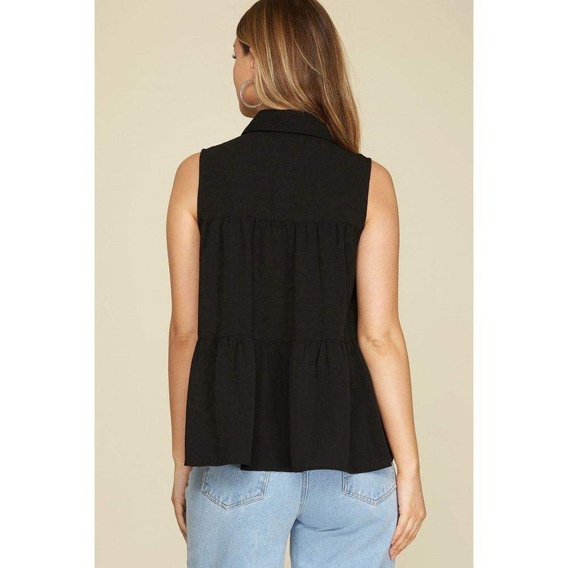 She & Sky Women's Black Sleeveless Tiered Top
