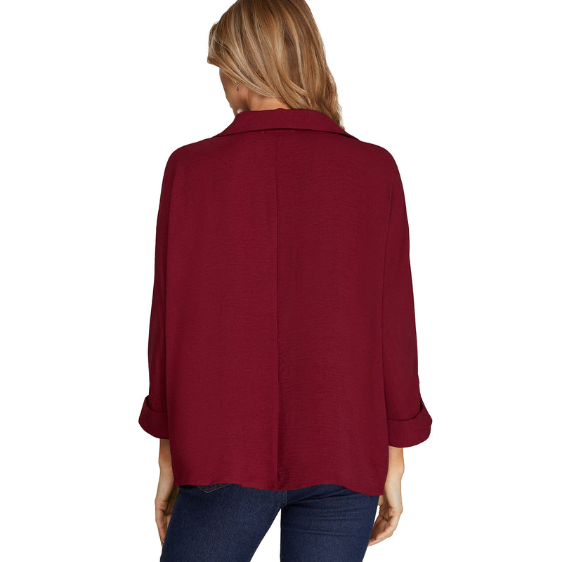 She & Sky Women's Wine Collard Woven Top