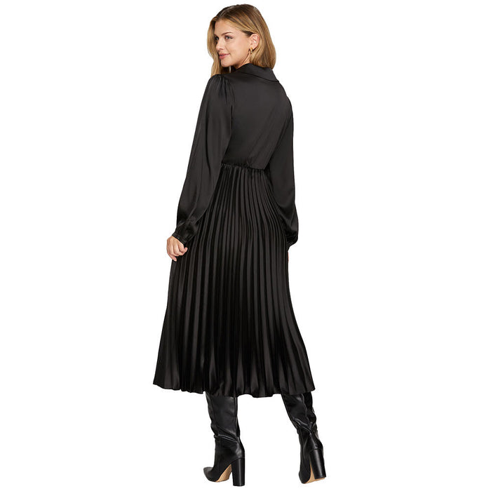 She & Sky Women's Black Long Sleeve Satin Pleated Dress