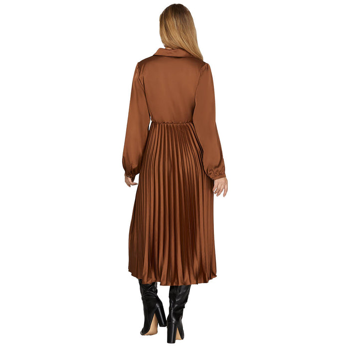 She & Sky Women's Toffee Long Sleeve Satin Pleated Dress