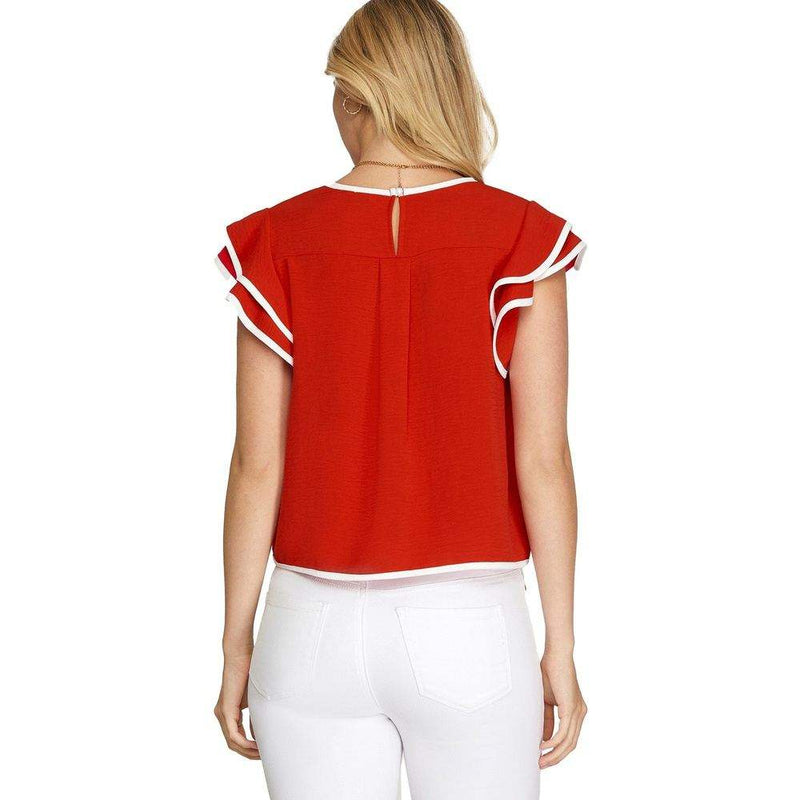 She & Sky Women's Red Ruffle Sleeve Top