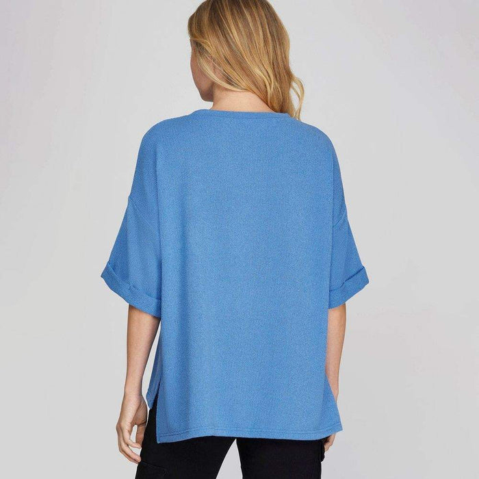 She & Sky Womens Diva Blue Drop Shoulder Short Sleeve Sweater