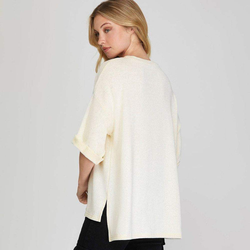 She & Sky Womens White Drop Shoulder Short Sleeve Sweater