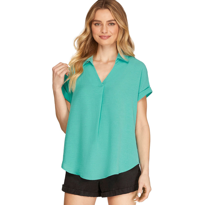 She & Sky Womens Aqua Drop Shoulder Top