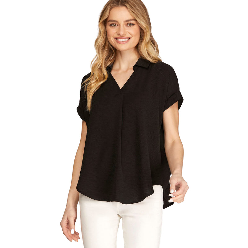 She & Sky Womens Black Drop Shoulder Top