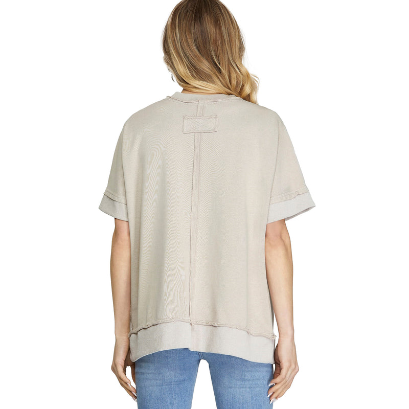 She & Sky Women's Stone Raw Edge French Terry Top